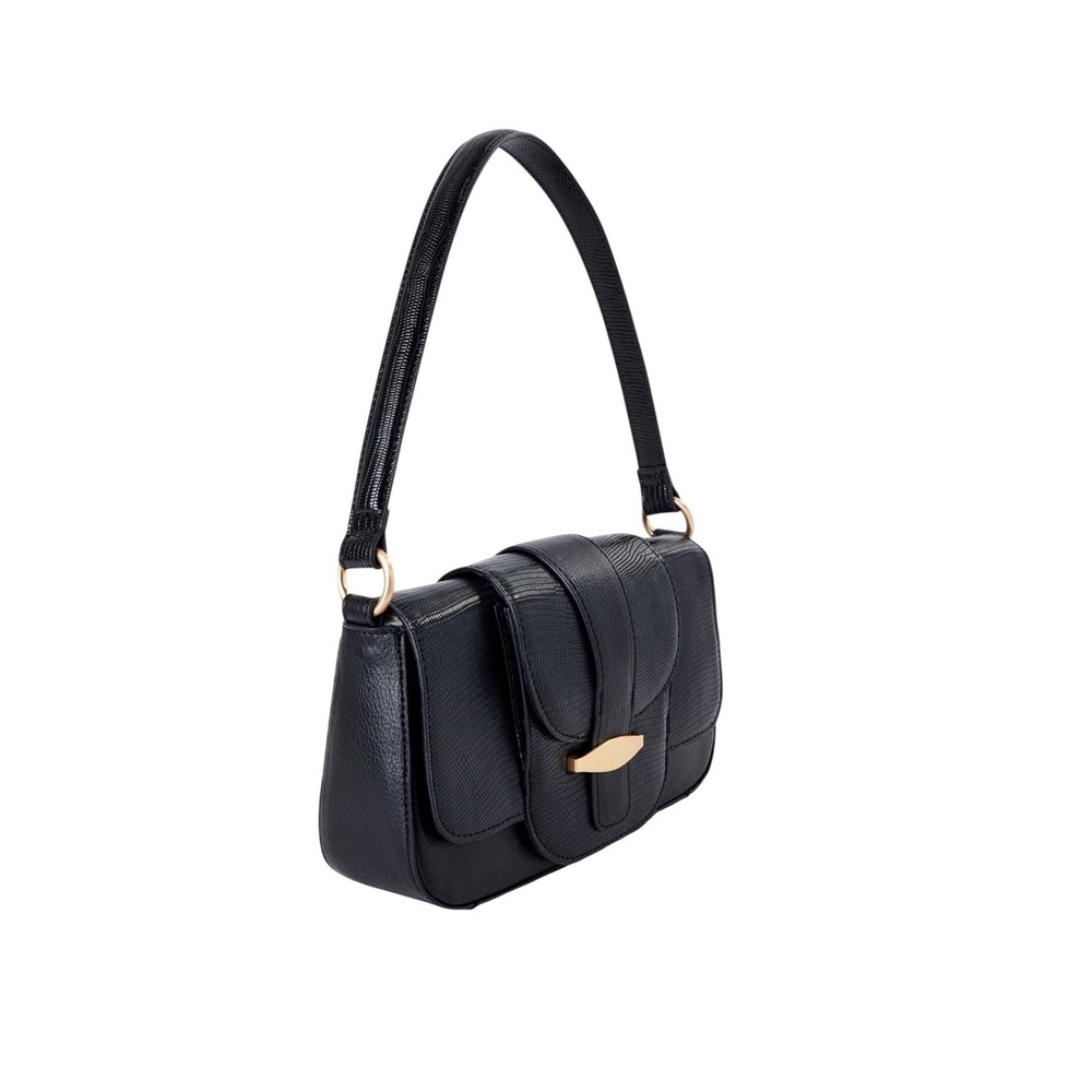 Time and True Shoulder Bag Womens OS Black Lizard Embossed Faux Leather Baguette